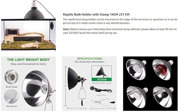 ZJchao Reptile Heat Lamp Accessories 300w Stainless Steel Pet Heat Lamp UVB UVA for Snake Lizard Turtles (US Plug 110v)