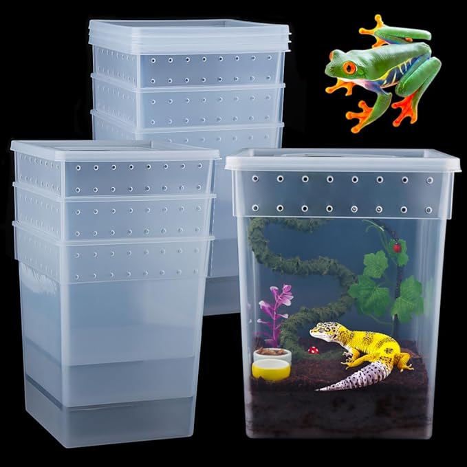 7 Pack Large Size Reptile Feeding Box Gecko Plastic Transparent Breeding Box for Snake Tree Frog Bearded Dragon Lizard Spider Praying Mantis (7.8" x 7.8" x 9.8")