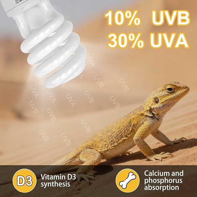 UVA UVB Reptile Light Bulb with Ceramic Heat Emitter Combo, 10.0 26W UVB Light for Bearded Dragon & 2-Pack 75W No-Light Heat Lamp, All-in-One UVB & Heat Source for Reptiles and Amphibians