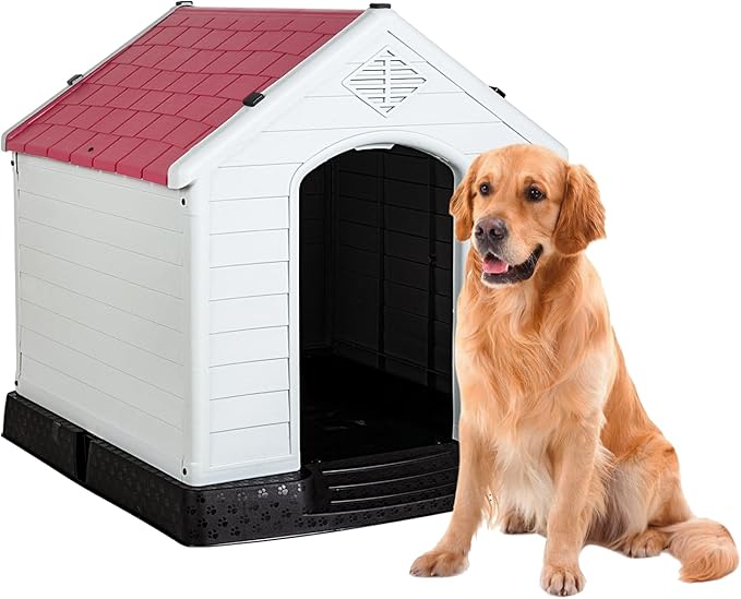 FDW Dog House Indoor Outdoor Durable Ventilate Waterproof Pet Plastic Dog House Puppy Shelter Kennel,Dark Red