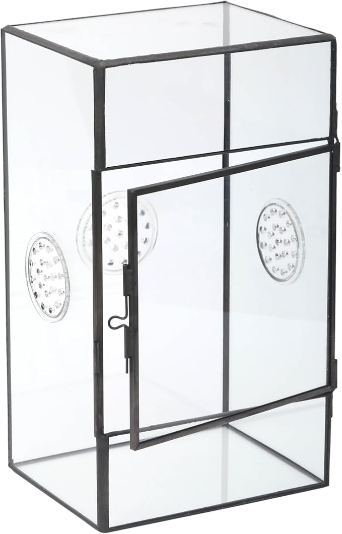 NCYP Glass Enclosure for Large Jumping Spider - 5.1" x 3.9" x 9" Front Opening Door Glass Terrarium with 3 Vent Holes, Small Snail, Insects Habitat, Black (Terrarium Only)