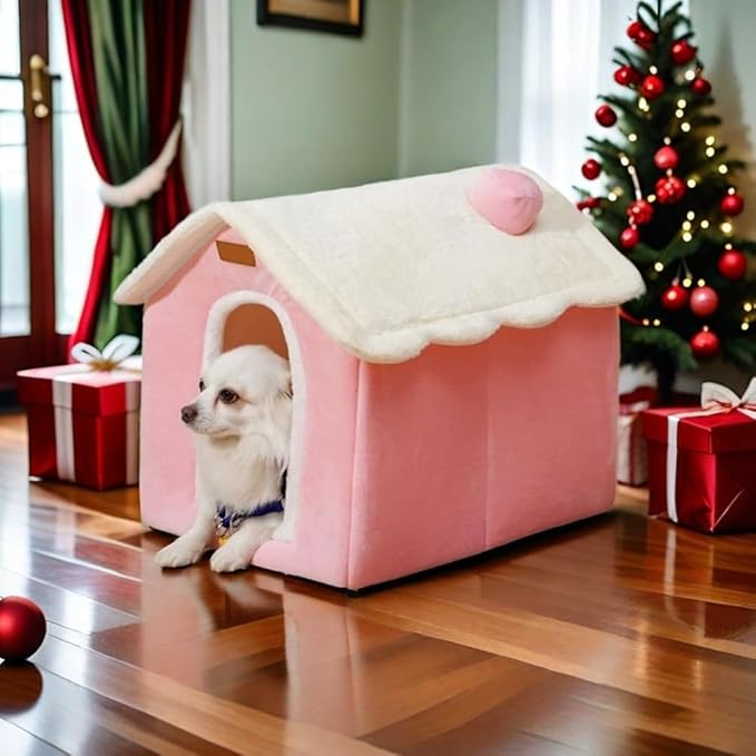 Dog House Indoor Memory Sponge, Foldable Dog House Kennel Bed Mat with Cushion for Small Medium Large Dogs Cats, Winter Warm Cat Nest Puppy Cave Sofa Pet Products (Pink, L)