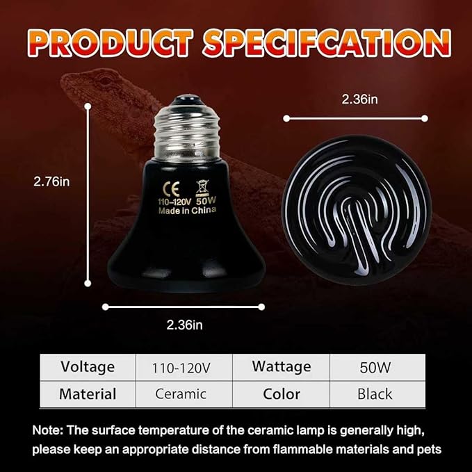 50W Non-Light Ceramic Heat Emitter (2-Pack 0.2inch-60mm) Reptile Heat Lamp for Terrariums, Brooders & Incubators. E26 for Turtle Lizard Bearded Dragon Snake Small Pets