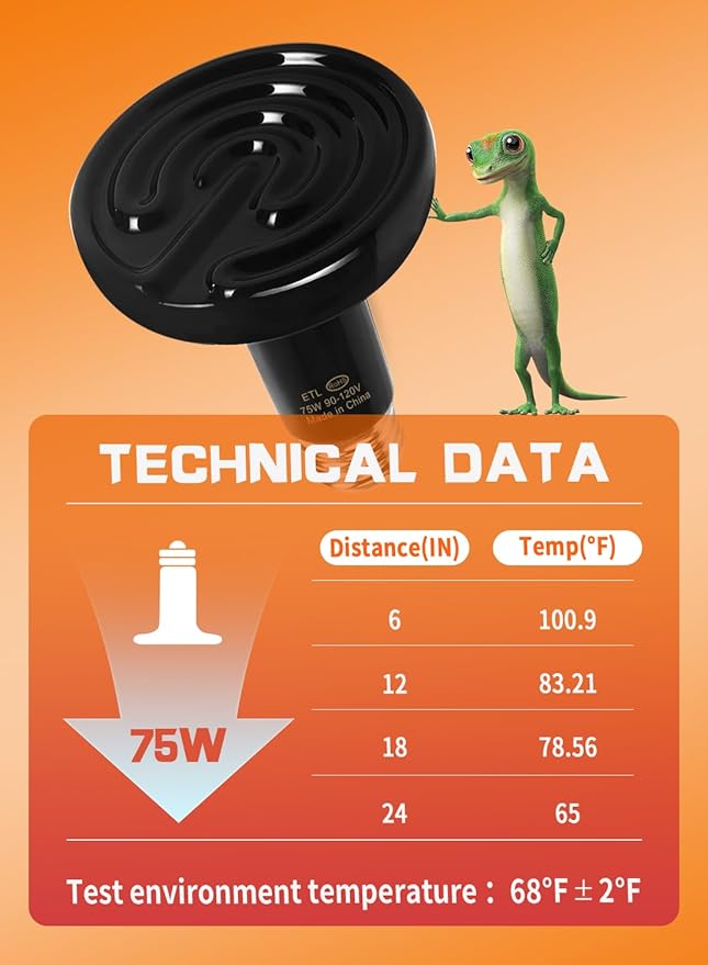 WUHOSTAM 75W 2 Pack Ceramic Reptile Heat Lamp, Pet Heat Emitter Bulbs, No Light Emitting Brooder Coop Heater for Reptile and Amphibian, Snake, Turtle, Lizard, Bearded Dragon, Black