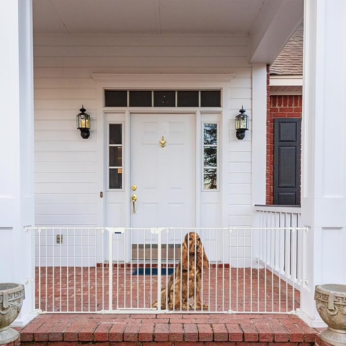 AGESISI Freestanding Dog Gates with Door Walk Through, Extra Wide Doggy Door 100" W x 29" H Pet Gate Safty 4 Panels Dog Fence for Stairs, Doorways, White