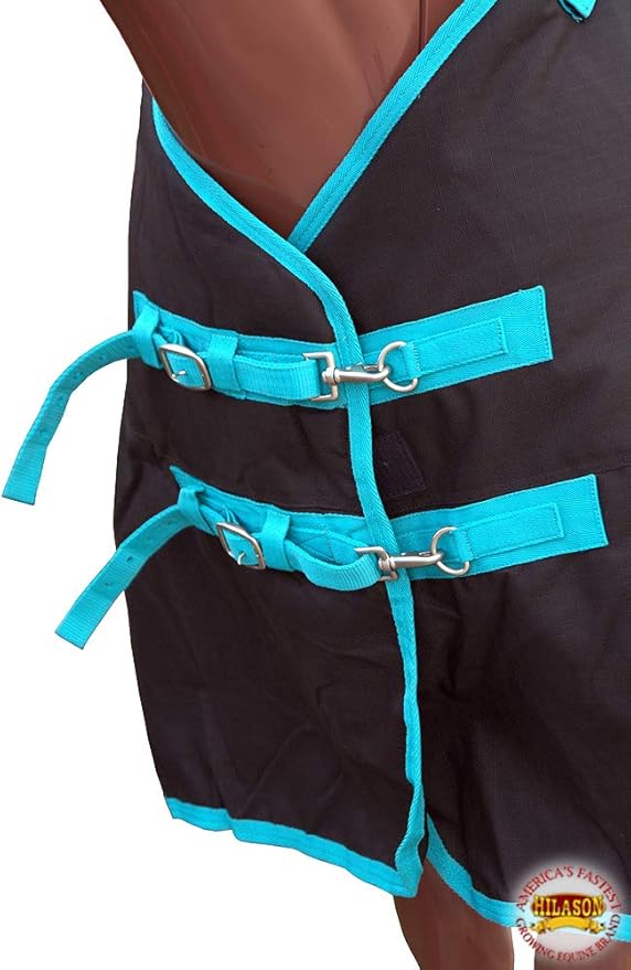 Black with Turquoise Trims 84 inch HILASON 1200D Winter Waterproof Poly Horse Turnout Blanket Belly Wrap