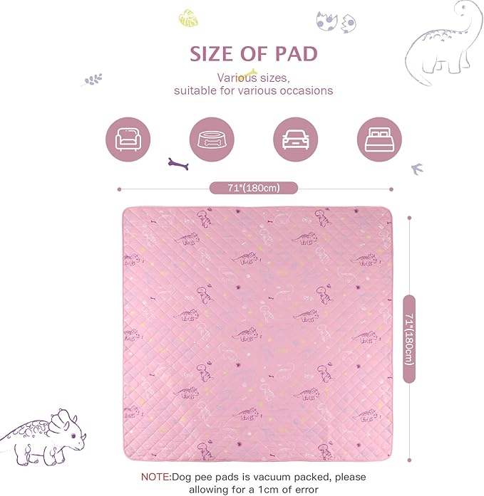 IEUUMLER Washable Pee Pads for Dogs Extra Large 71" x 71", 1 Pack Non-Slip & Waterproof Whelping Pad, Reusable Puppy Potty Training Pad for Playpen EU007 (Pink Dinosaur, 71"X71"-1pcs)