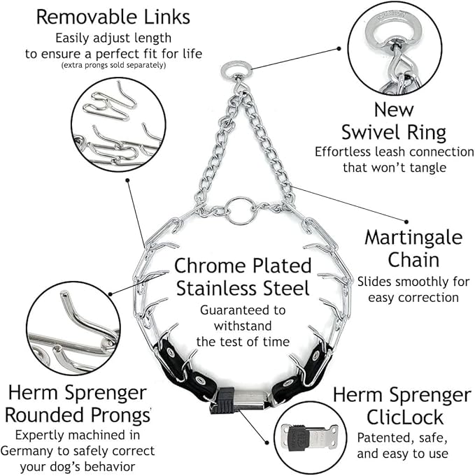 Herm Sprenger 3mm Prong Collar for Dog Training with Adjustable Length & Easy Quick Release Cliclock & Swivel Ring for Large Dogs (20-26" Neck)