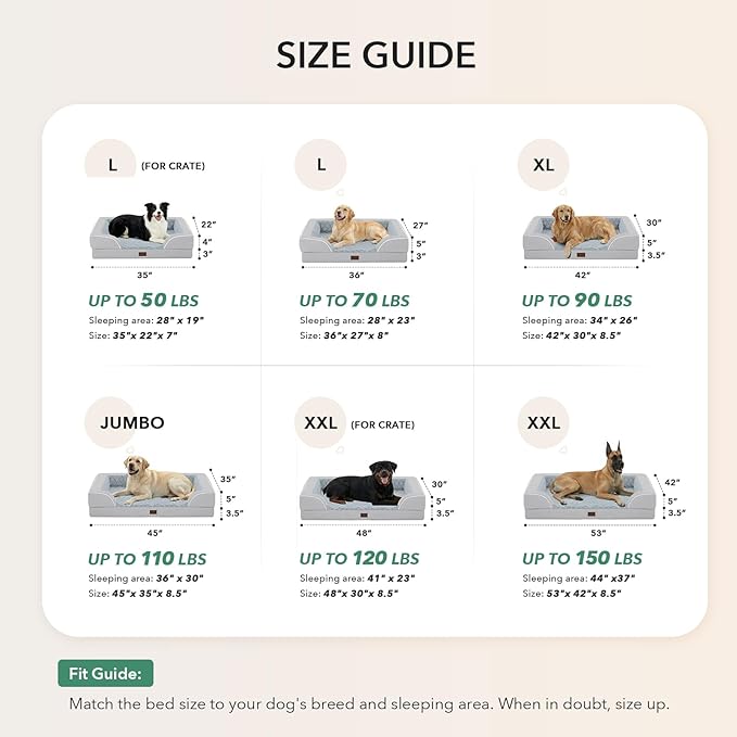 Orthopedic Dog Beds for Extra Large Sized Dogs, Waterproof Memory Foam XL Pet Bed with Sides 42x30Inch, Non-Slip and Egg-Crate Foam Big Dog Couch Bed with Removable Washable Cover, Light Grey