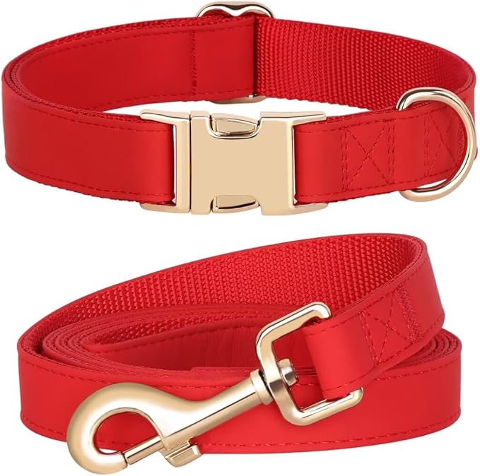 PET ARTIST Soft PU Leather Dog Collar and Leash Set, Bright & Stylish 5FT PU Leather Leash and Collar Set, Durable Pet Collars with Quick Release Metal Buckle for Large Dogs,Red,L(16-27")