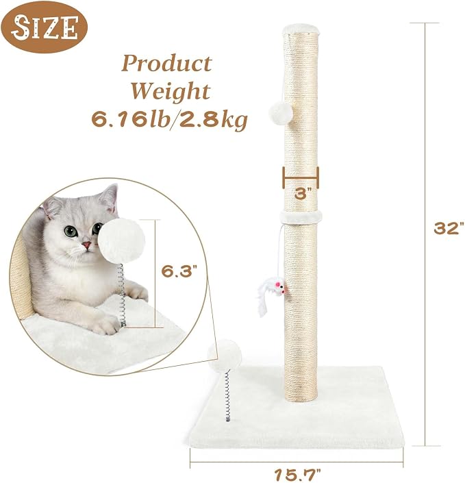 ANWA 32" Tall Sisal Cat Scratching Posts Tree for Indoor Cats Adults, White - Image 2
