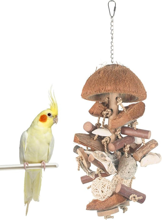 Bird Toys with Natural Coconut Shell - 18in Handmade Hanging Shredding & Foraging Toy with Wood Blocks, Lava Stones, Parrot Toys for Cockatiels, Conures, Parakeets