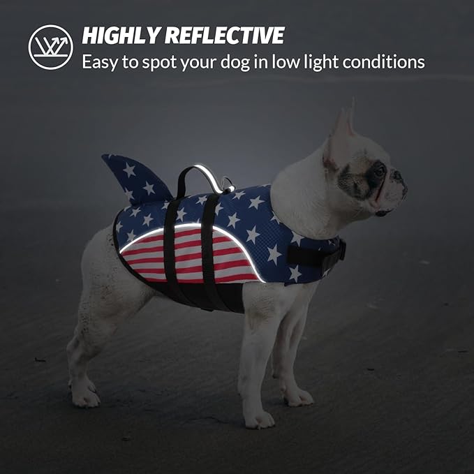 Queenmore XS Dog Life Vest for Boating, American Flag Dog Life Vest for Swimming, Lightweight Small Dog Life Jacket with Shark Fin/Rescue Handle/Leash Hook