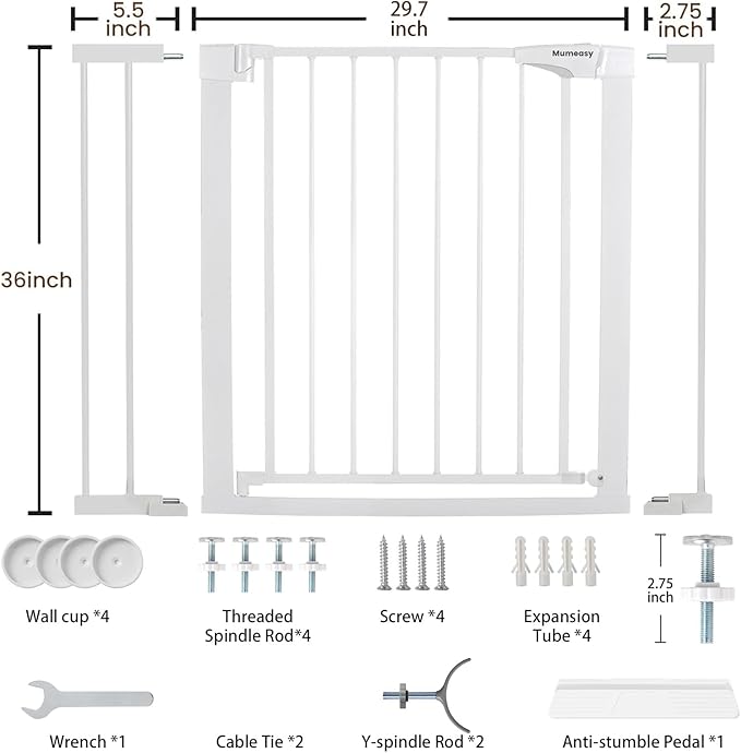 Mumeasy 36" High Extra Tall Dog Gate, 29.6"-40.5" Wide Pressure Mounted Tall Baby Gate for Dog, Auto Close Pet Gate with Door for Stairs,Doorways,House,White
