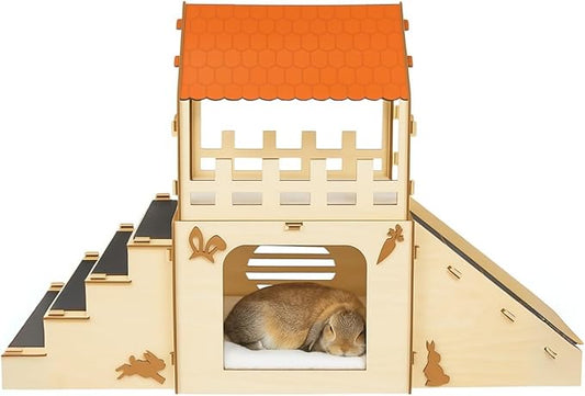 OtterPets Extra Large Bunny Hideout, Cozy Rabbit Castle with Fleece Mats, Wooden Rabbit Hideout, Bunny House Indoor Indoor, Chinchilla, Guinea Pig House