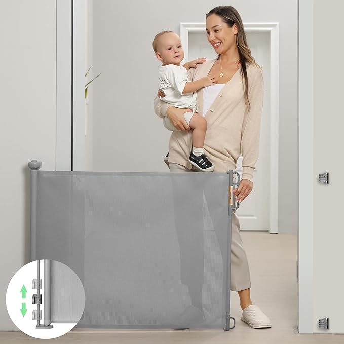 Momcozy Retractable Mesh Baby Gate or Dog Gate, Child Safety Gate for Indoor or Outdoor, 33-inches Tall with up to 55-inches Wide Extension, Avoid Skirting Installation, Grey