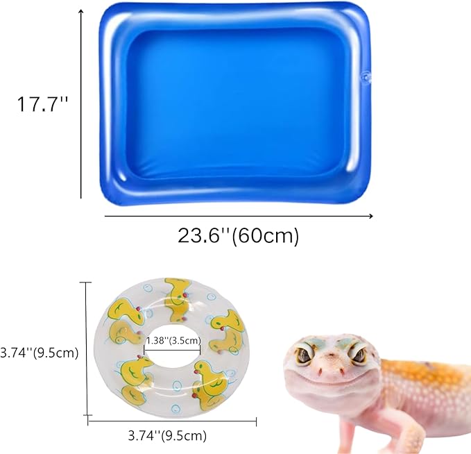 Lizard Bath Pool & Collar Rings Set - Inflatable Reptile Bathing Swimming Pool Bathtub Reptile Swim Float Ring for Leopard Gecko Amphibians Habitat Accessories Grooming Health Supplies (Blue)