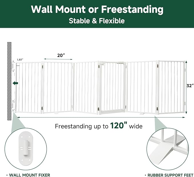 Snagle Paw Full Metal Freestanding Dog Gate with Door, 120” W x 32” H Pet Gate with Support Feet for Doorways, Stairs and Hallways, Portable Dog Fence for Indoor Use(32" 6 Panel, White)