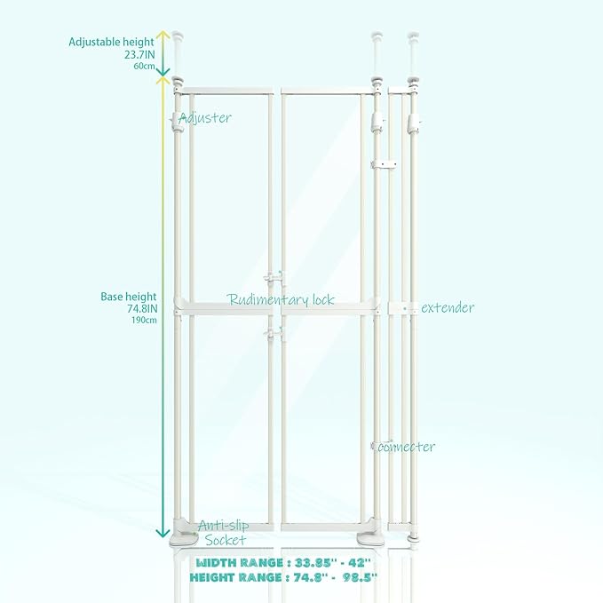 74"-98.5" Extra Tall Cat Gate for Doorway, Wide Adjustable 33.85-42" Clear Dog Gate Acrylic, Pressure Mounted Stairs, House, Innovation Double Opening Pet Gate,White