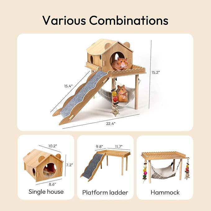 3-in-1 Guinea Pig Hideout, Large Wooden Guinea Pig House with Stairs, Hammock, Mat, and Chew Toys, Suitable for Small Rabbits, Guinea Pigs, Hamsters, and Other Rodents (Style 1)