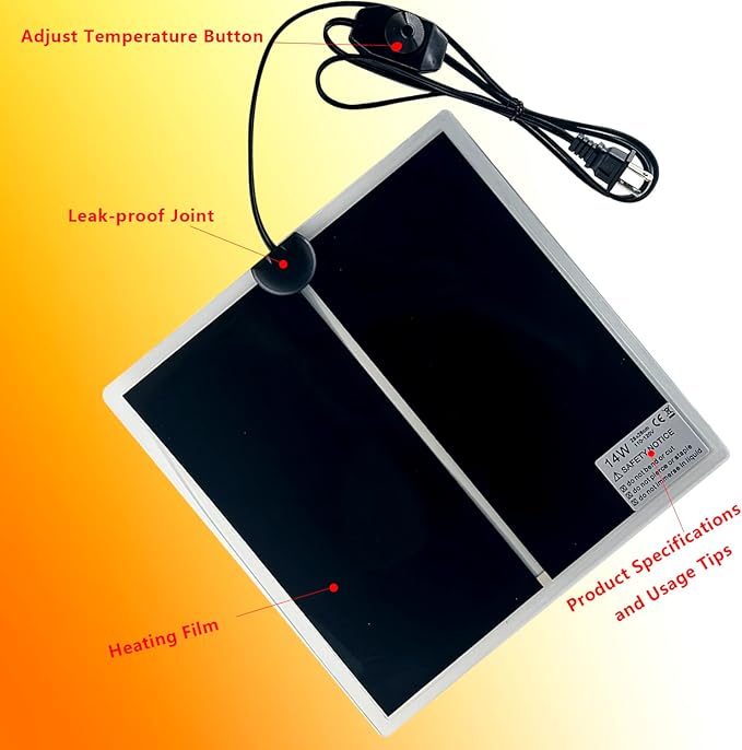 Reptile Heating Mat, 2PCS Reptile Heating Pad with Temperature Adjustment for Reptiles Tortoise Snakes Lizard Gecko Hermit Crab Amphibians - Removable Terrarium Heat Mats(14W, 11x11 inches)