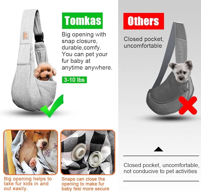 Tomkas Small Dog Sling Carrier - Zipper Pocket & Adjustable Strap & Zip Pocket - for 3-10 lbs Pets (Grey, M - Classic Pocket & Classic Strap)