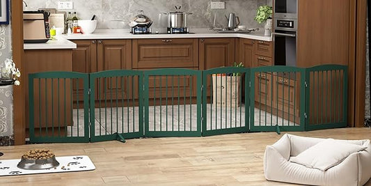 PUPETPO Freestanding Pet Gate for Dogs, Foldable Wooden Dog Gate for House, Extra Wide Indoor Pet Barrier for Stair, Doorway, Hall, Support Feet Included, 120 Inch Wide, 6 Panels 24",Green