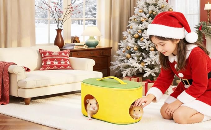 Christmas Guinea Pig Hideout, Large Cozy Bed, Warm Small Animal Cage House for Chinchilla, Hamster, Ferrets, Hedgehog, Rats and Other Small Pets