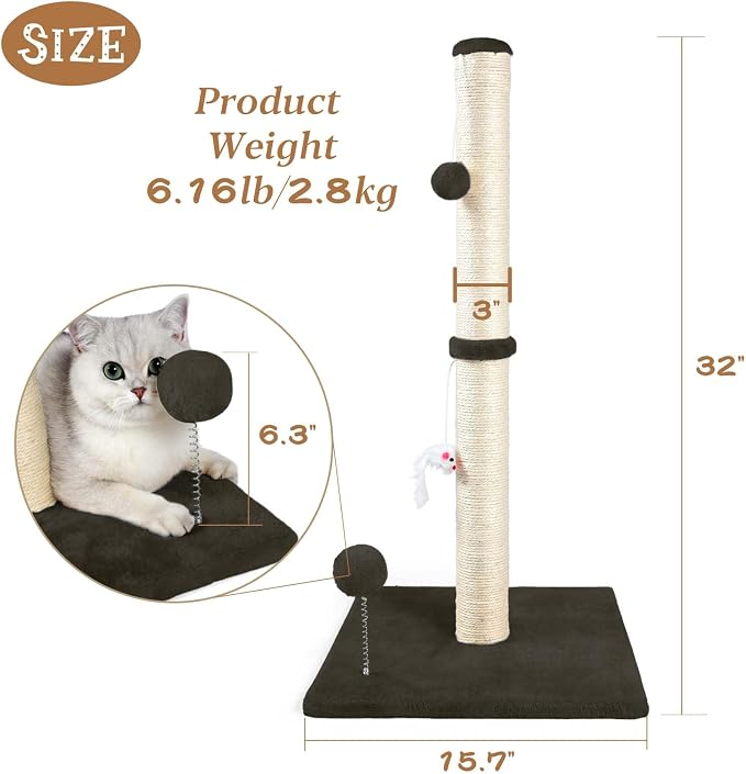 ANWA 32" Tall Sisal Cat Scratching Posts Tree for Indoor Cats Adults, Brown - Image 2
