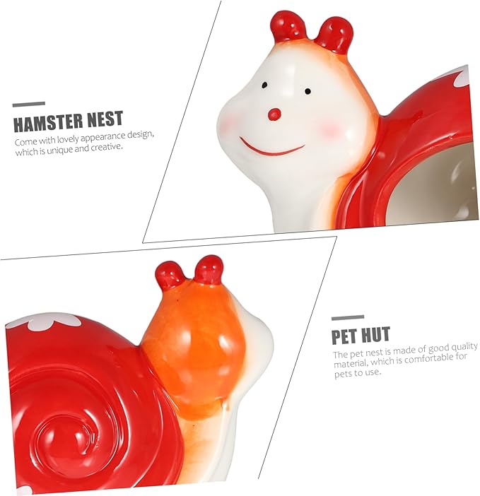 DOITOOL Ceramic Hamster Hideout, Adorable Cartoon Snail Shape Hamster House Cave, Chinchilla Hideout Small Animal Hideout Hut Cave Cage Accessories (Red and White)
