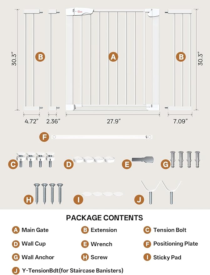 Baby Gate for Indoor Stairs & Doorways: Wide Expandable 27.9-42.1" Metal Safety Gate - Toddler Pets 30" Tall Dog Gate with Easy Install Pressure Mount Dual Lock & 2-Way Swing, White.