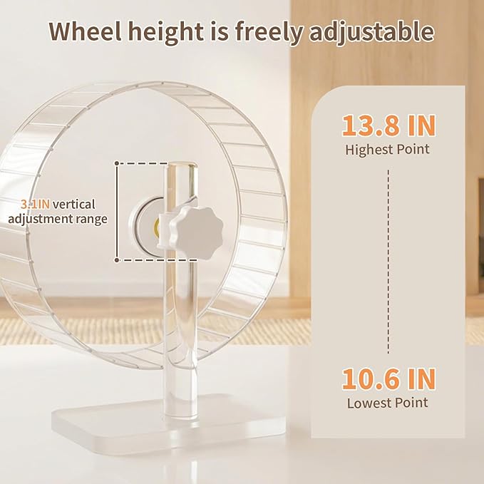 11 Inch Silent Hamster Wheel - Large Clear Running Wheel with Adjustable Stand - Quiet Spinning Exercise Wheel for Syrian Hamsters, Gerbils, Hedgehogs and Small Animals, Transparent