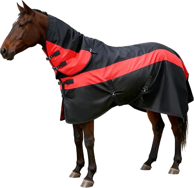 Horse Blankets Winter for Real Horses, 1600D Waterproof Poly Rain Sheets 78 in with Neck Cover Belly Wrap Tail Wrap Turnout Blanket, Stuff Care Medium Large Weight Heavy Outdoor Clothes Red Black