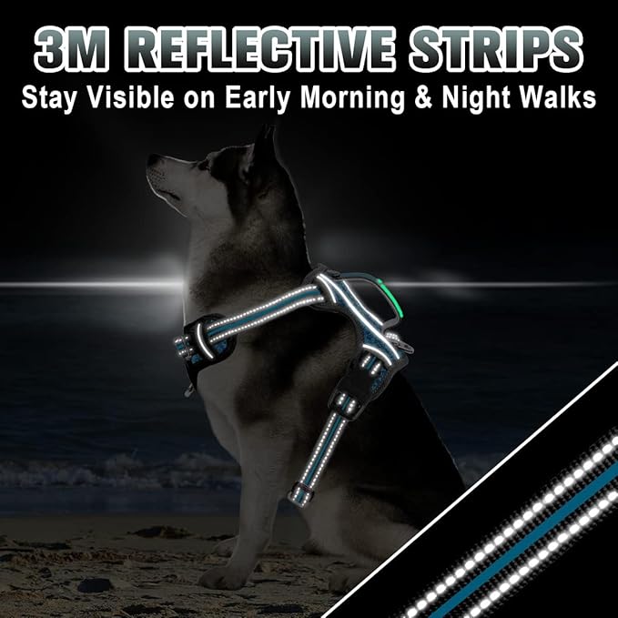 BARKBAY No Pull Dog Harness Large Reflective Dog Harness with Front Clip and Easy Control Handle for Walking Training Running with ID tag Pocket(Blue/Black,XL)