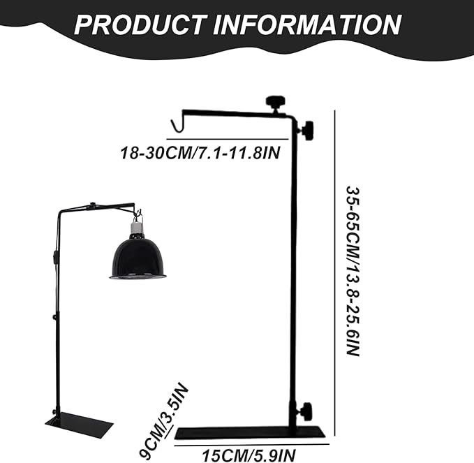 Reptile Lamp Stand Detachable & Extendable Metal Aquarium Light Riser with Hook and Stand Width Height Adjustable for Amphibian Terrarium Aquarium Tank