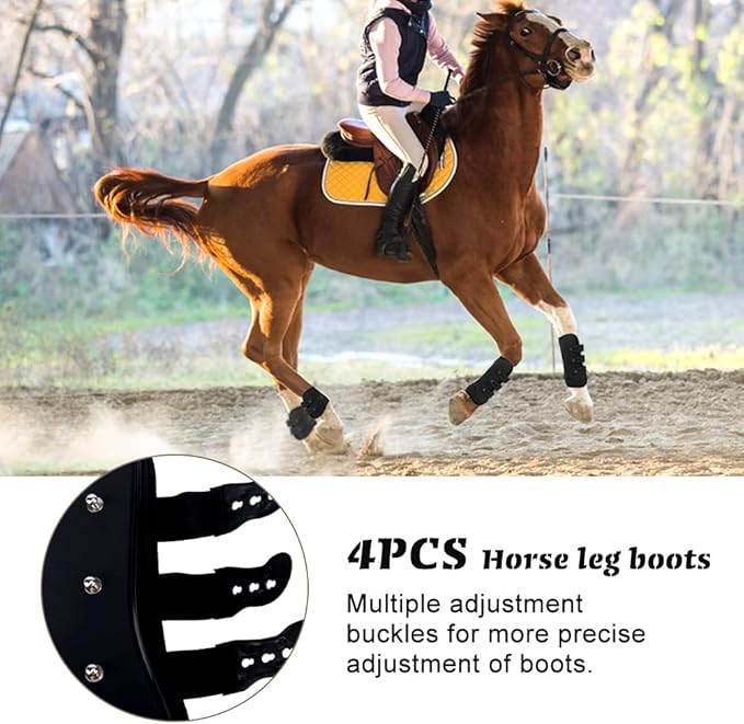 MAYiT Horse Tendon Boots (4 pcs - Front & Hind), PU Shell Tendon Fetlock Brace Guard Boots for Riding Shock Absorbing Jumping Competition Protection