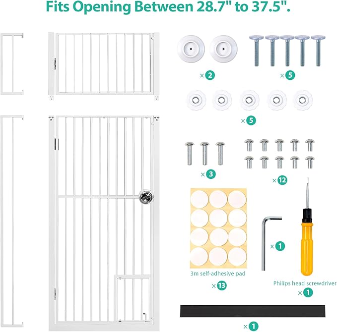 71" Extra Tall Pet Gate with Cat Door, Fits for 28.7"&37.5" Extra Wide Pressure Mounted Pet Barrier Auto-Close Safety Cat Gate with Walk Through Door Latch,White,No Drill