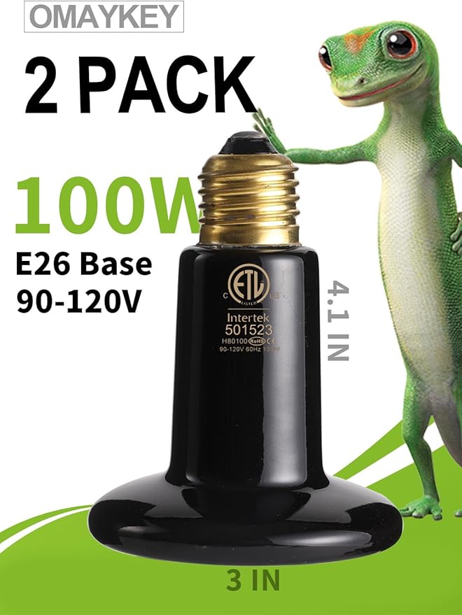 OMAYKEY 2-Pack 100W Ceramic Heat Lamp with 1-pcs Digital-Thermometer, Infrared Heat Emitter Bulbs for Reptiles, Amphibians, Chicken Brooder Coop Lizard Turtle Snake, No Light No Harm