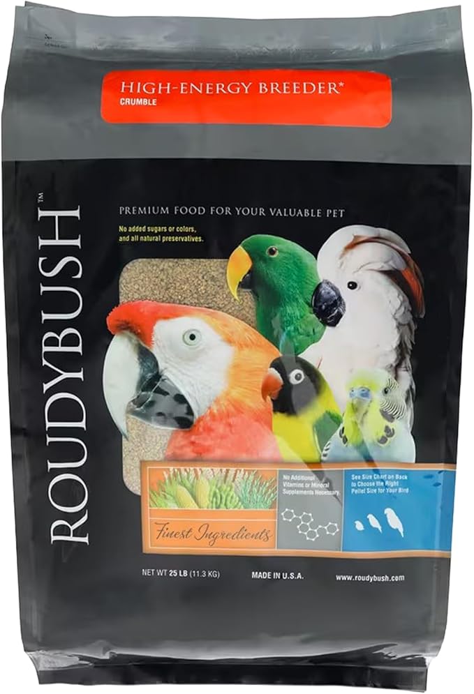 Roudybush High Energy Breeder Food for Breeding & Weaning Birds - Scientifically Formulated Bird Feed - Bird Food Pellets w/ Corn, Wheat, Soy - Nutritious & Healthy Feed for Birds (Crumble, 25lb)