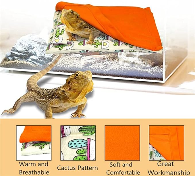 HAICHEN TEC Bearded Dragon Sleeping Bag with Pillow and Blanket Soft Bed Habitat Decor Cage Accessories for Reptile Bearded Dragon Leopard Gecko Lizard (Orange)