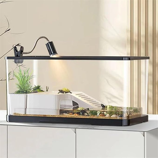 (Tank + Light + Filter Balls) Turtle Tank Kit, Turtle Tank Starter Kit,Bottom Drainage, Multi-Function Areas for Turtles, Crabs,Fishes, Amphibians,Reptiles (11.81 × 7.88 × 7.88 Inch)