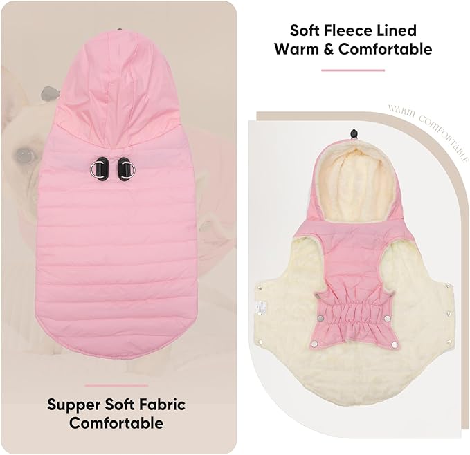Vecomfy Fleece Lining Dog Hoodie with Harness Built in,Extra Warm Small Dog Jacket in Winter Puppy Coats with Drawstring Hooded,Light Pink XS