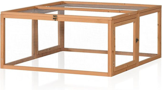 Chicken Coop Run, Rabbit Hutch, Portable Wooden Bunny Cage for Indoor/Outdoor, Small Pet Animal House with 3 Doors Openable, 47'', Natural Color (S)