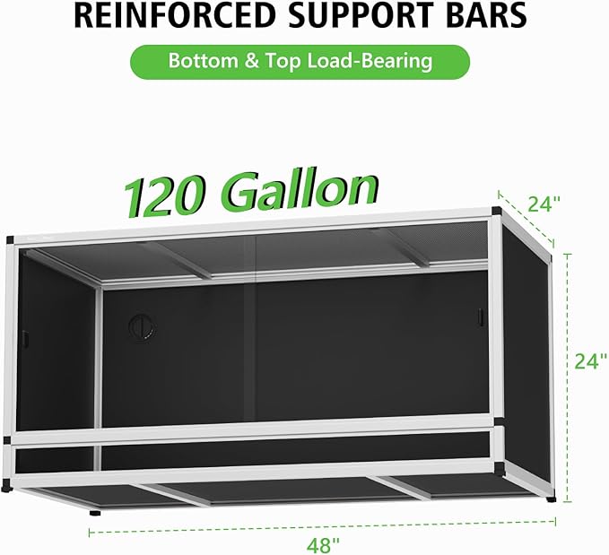 120 Gallon PVC Reptile Enclosure 48"x24"x24" – Reptile Tank with Removable Solid Top Cover, Front Sliding Glass Doors, Easy Clean, for Bearded Dragon, Snake