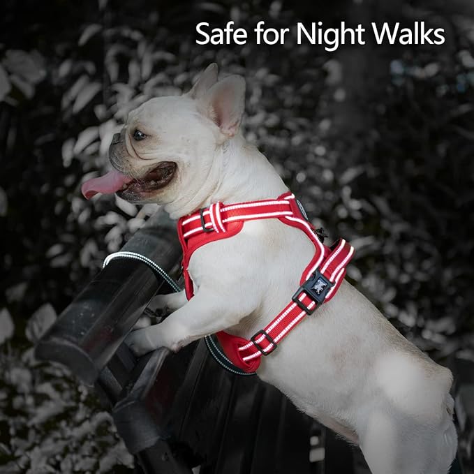 PoyPet No Pull Dog Harness, No Choke Reflective Dog Vest, Adjustable Pet Harnesses with Easy Control Padded Handle for Small Medium Large Dogs(Red Matching Trim,M)