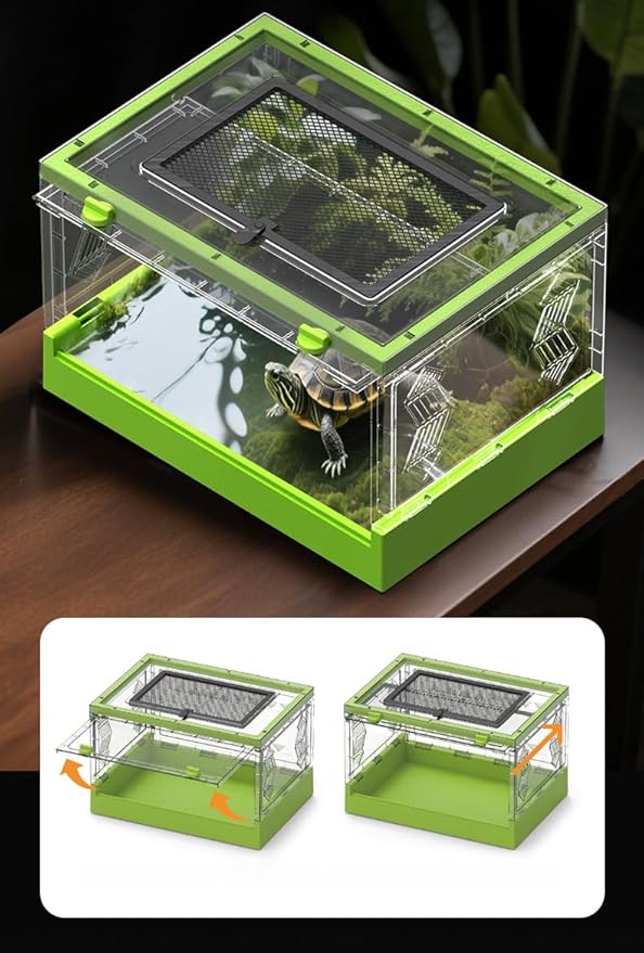 Large Portable Reptile Tank with Multi-Observation Perspective Foldable and Bottom Pulley, Ideal Habitat for Gecko, Frog, Spider and so on (Green Extra Large)