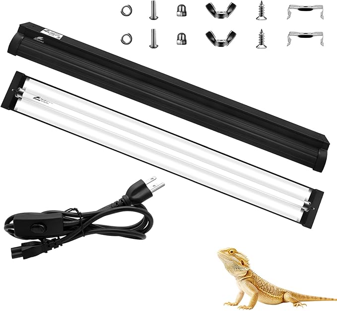 T8 UVB Reptile Light Fixture HO UVB Bulb Lighting Combo Kit, 10.0 UVB Light for Reptiles Terrarium Hood UVA UVB Desert Lamp for Bearded Dragon Turtle Tank (T8 20W 24Inch)