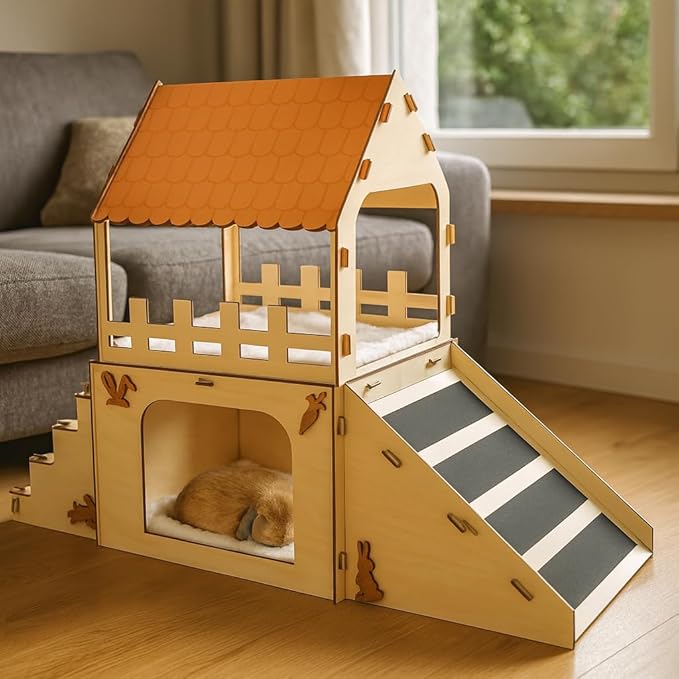 OtterPets Extra Large Bunny Hideout, Cozy Rabbit Castle with Fleece Mats, Wooden Rabbit Hideout, Bunny House Indoor Indoor, Chinchilla, Guinea Pig House