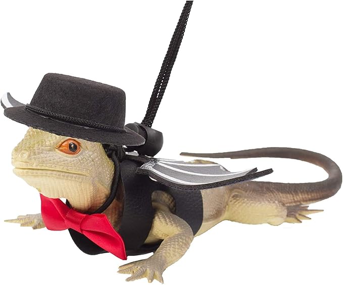 Valentine's Day Bearded Dragon Lizard Leash Harness Hat Bowtie Set - Valentine's Day Hat + Bowtie + 3 Pack Harness for Bearded Dragon Iguana Amphibians Gift Small Animal Clothes Outfit(Black Set)