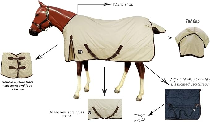 Horse Blanket 600D Ripstop Winter Turnout Blanket, 250 GSM Polyfill, 100% Waterproof & Breathable, Cold Weather Horse Blanket with Secure Fit (Tan w/Brown Trim),Size-75